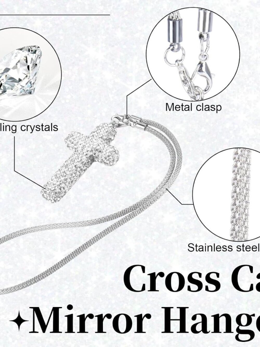 Cross for Car Mirror Hanging, Silver Bling Cars Pendant Charm - Picture 3 of 7